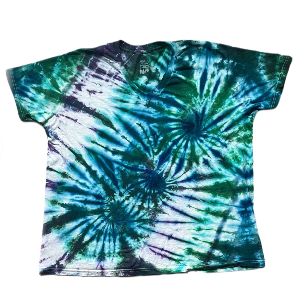 Handmade Tie Dye Blue, Green, White and Purple OOO Triple Spiral V Neck Tshirt